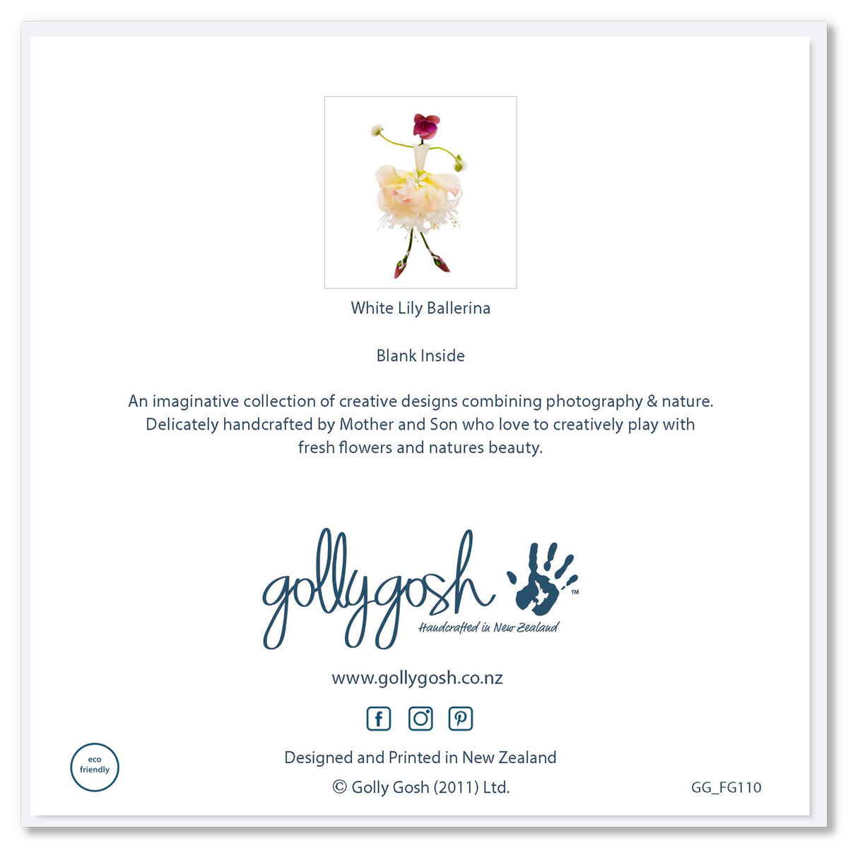 The back cover of our lily ballerina greeting card. She stands tall on a white background. Size 142 x 142mm. A quality greeting card found at Golly Gosh Creations.