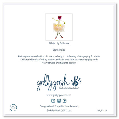 The back cover of our lily ballerina greeting card. She stands tall on a white background. Size 142 x 142mm. A quality greeting card found at Golly Gosh Creations.