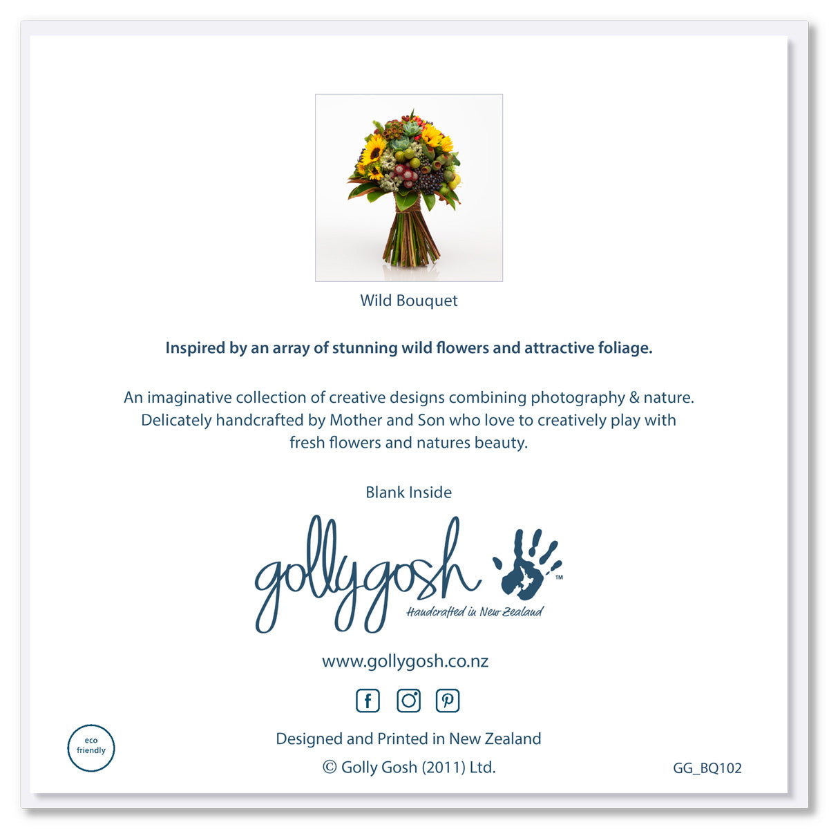 The back cover of our bouquet of wild sunflowers, berries and succulents on a white background. Size 142 x 142mm. A quality greeting card found at Golly Gosh Creations.