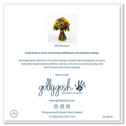 The back cover of our bouquet of wild sunflowers, berries and succulents on a white background. Size 142 x 142mm. A quality greeting card found at Golly Gosh Creations.